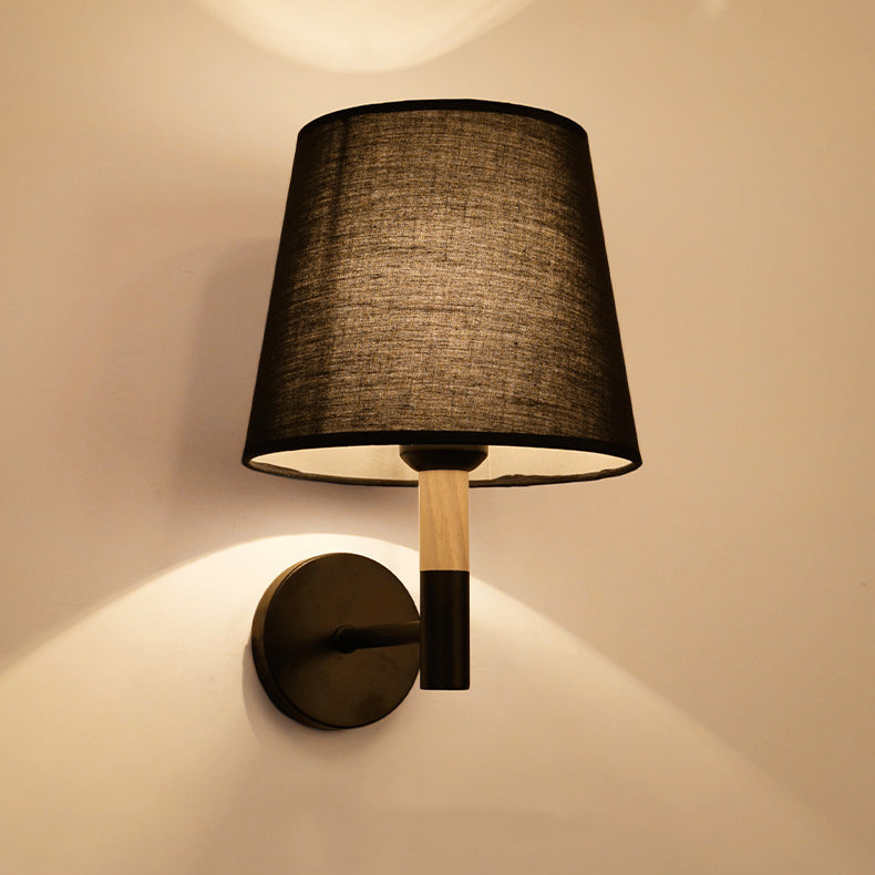 Minimalist Iron Wood Fabric Round 1-Light Wall Sconce Lamp