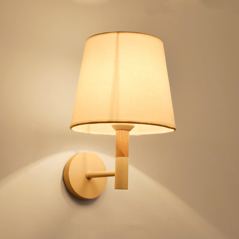 Minimalist Iron Wood Fabric Round 1-Light Wall Sconce Lamp