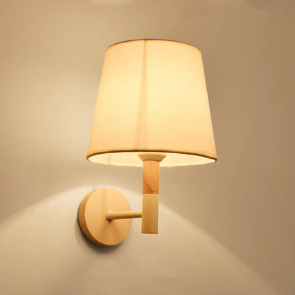 Minimalist Iron Wood Fabric Round 1-Light Wall Sconce Lamp