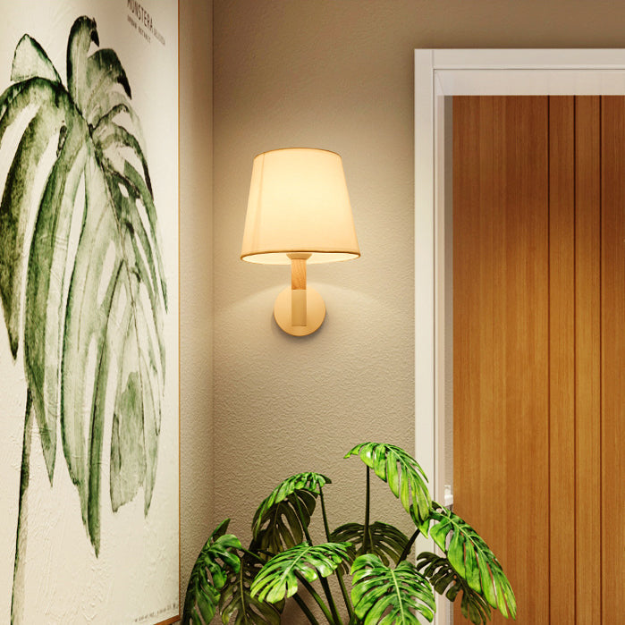 Minimalist Iron Wood Fabric Round 1-Light Wall Sconce Lamp