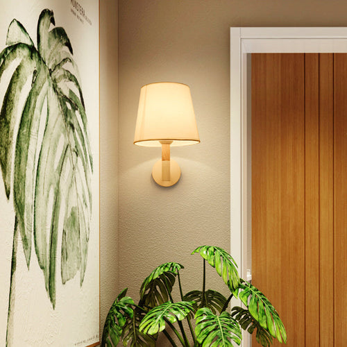 Minimalist Iron Wood Fabric Round 1-Light Wall Sconce Lamp