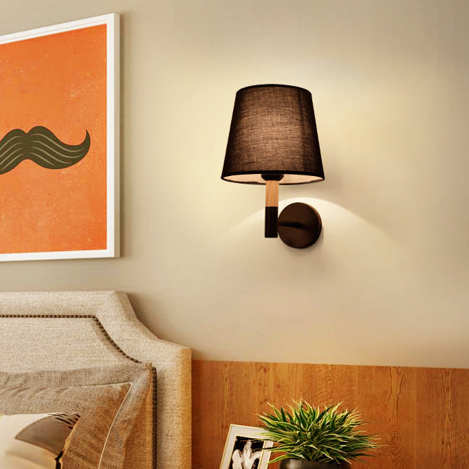 Minimalist Iron Wood Fabric Round 1-Light Wall Sconce Lamp