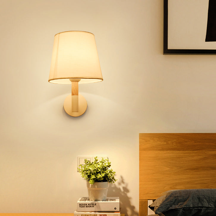 Minimalist Iron Wood Fabric Round 1-Light Wall Sconce Lamp