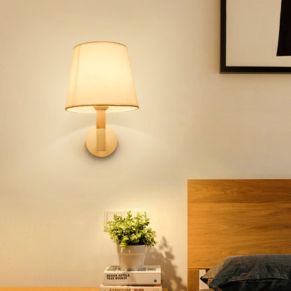 Minimalist Iron Wood Fabric Round 1-Light Wall Sconce Lamp