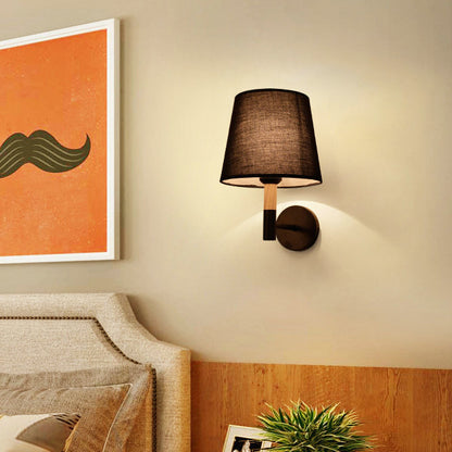 Minimalist Iron Wood Fabric Round 1-Light Wall Sconce Lamp