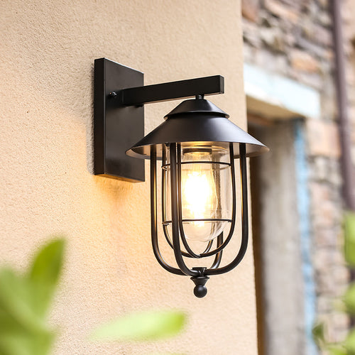 Iron & Glass Caged Cylinder 1-Light Wall Sconce Lamp