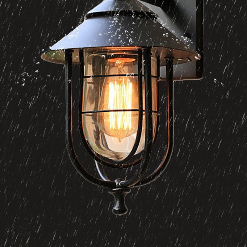 Iron & Glass Caged Cylinder 1-Light Wall Sconce Lamp