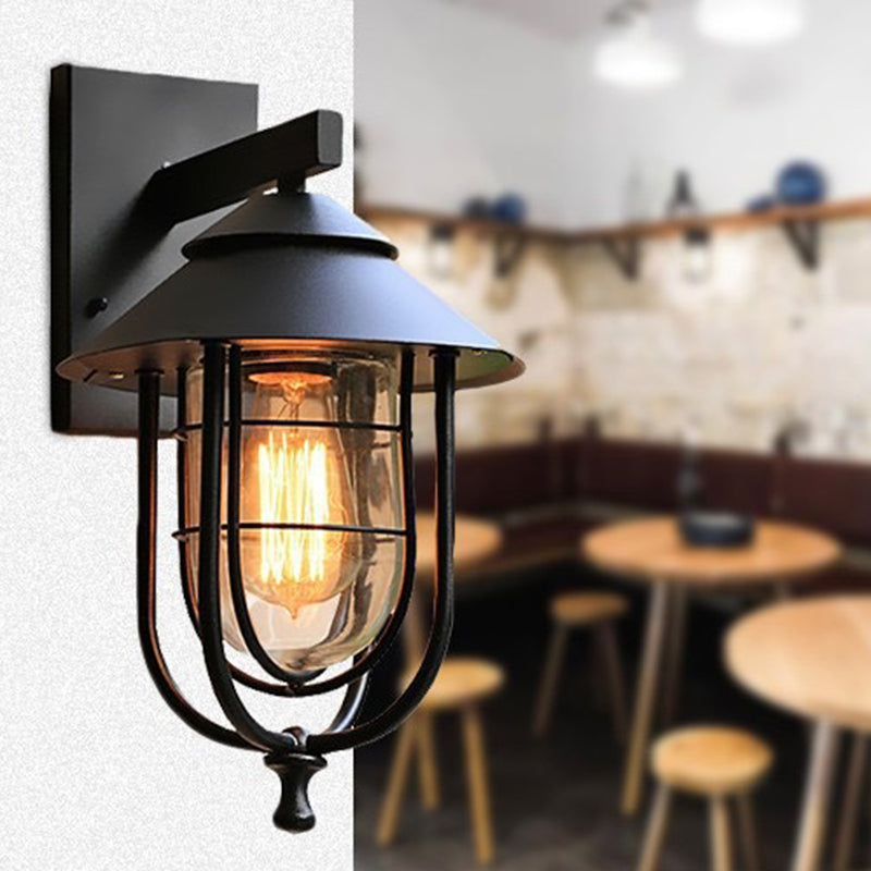 Iron & Glass Caged Cylinder 1-Light Wall Sconce Lamp