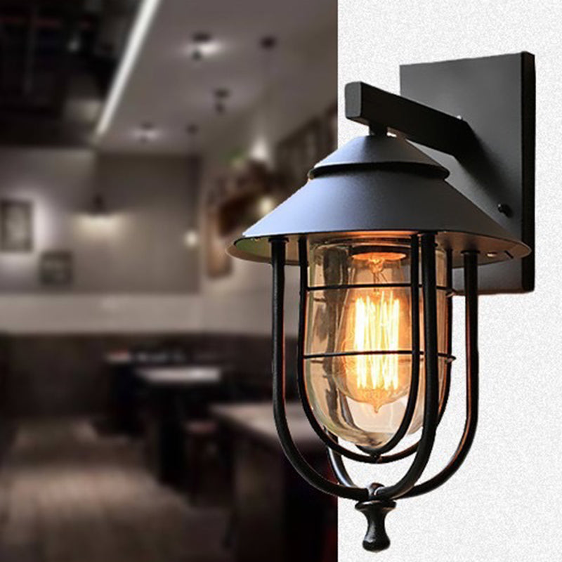 Iron & Glass Caged Cylinder 1-Light Wall Sconce Lamp