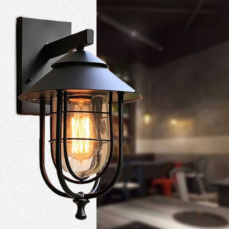 Iron & Glass Caged Cylinder 1-Light Wall Sconce Lamp