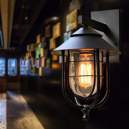 Iron & Glass Caged Cylinder 1-Light Wall Sconce Lamp