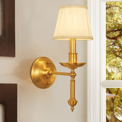 French Brass & Fabric Round Shade 1-Light Wall Sconce Lamp
