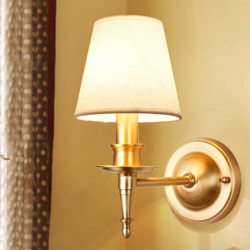 French Brass & Fabric Round Shade 1-Light Wall Sconce Lamp
