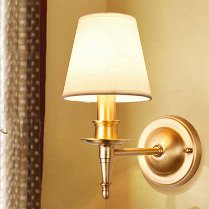 French Brass & Fabric Round Shade 1-Light Wall Sconce Lamp