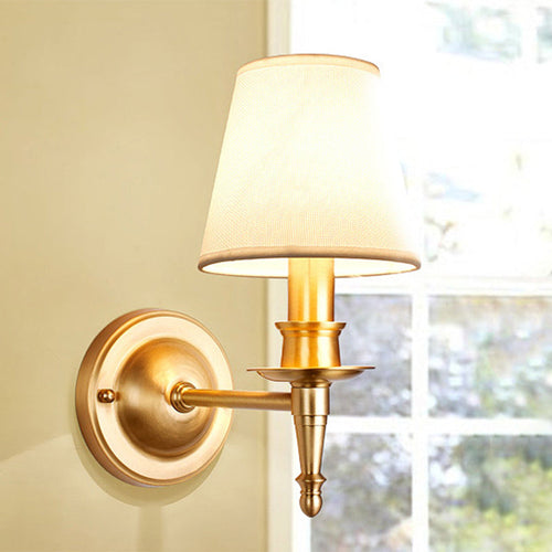 French Brass & Fabric Round Shade 1-Light Wall Sconce Lamp