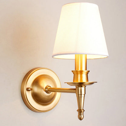 French Brass & Fabric Round Shade 1-Light Wall Sconce Lamp