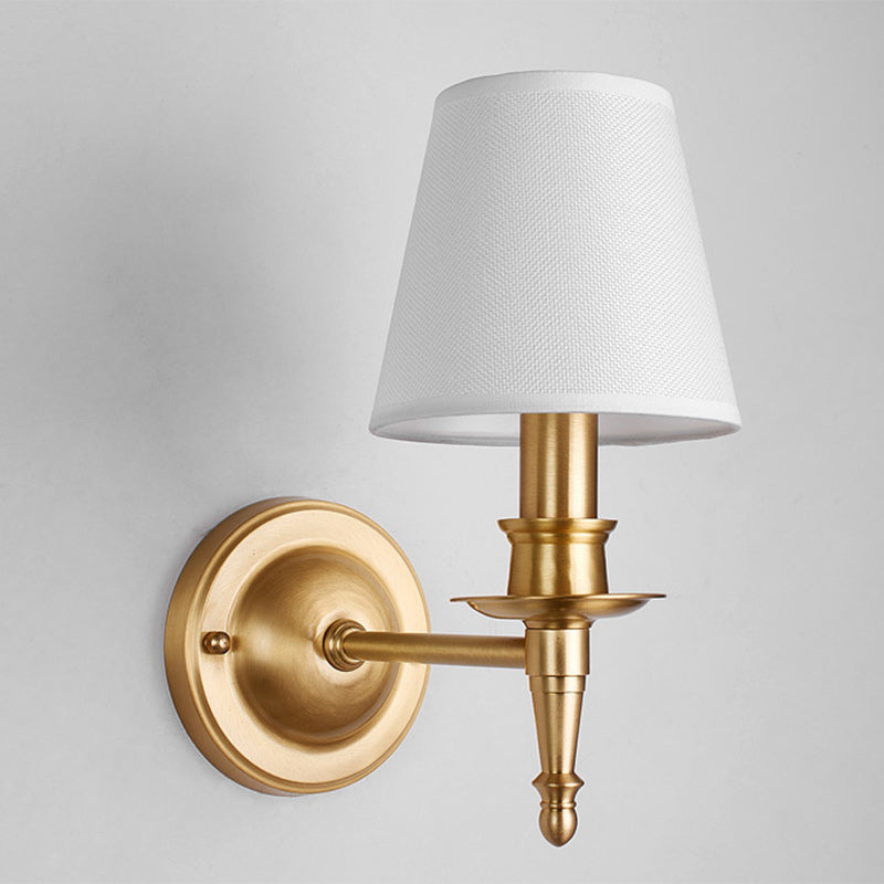 French Brass & Fabric Round Shade 1-Light Wall Sconce Lamp