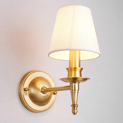 French Brass & Fabric Round Shade 1-Light Wall Sconce Lamp
