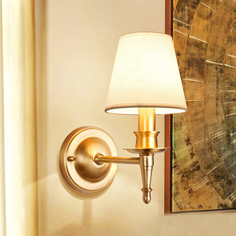 French Brass & Fabric Round Shade 1-Light Wall Sconce Lamp