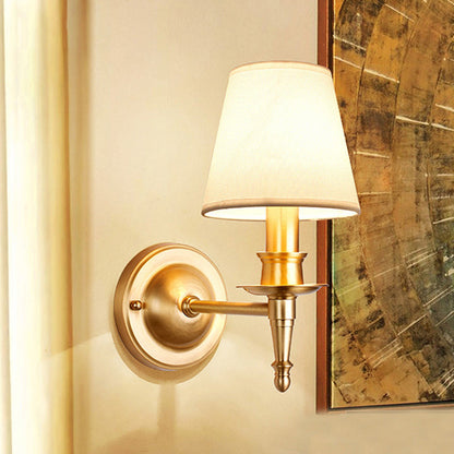 French Brass & Fabric Round Shade 1-Light Wall Sconce Lamp