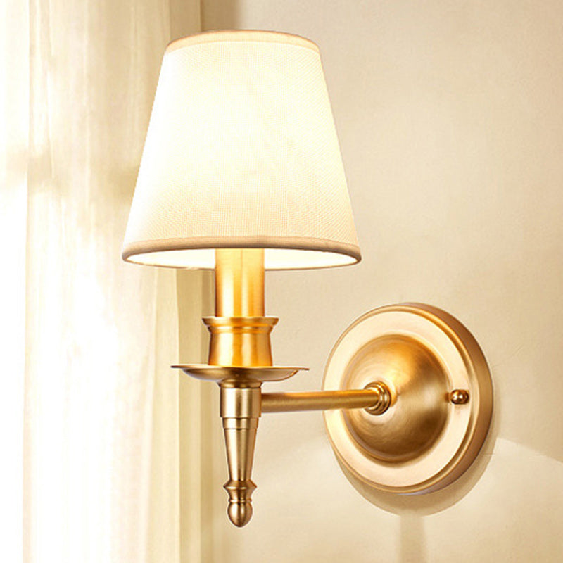 French Brass & Fabric Round Shade 1-Light Wall Sconce Lamp