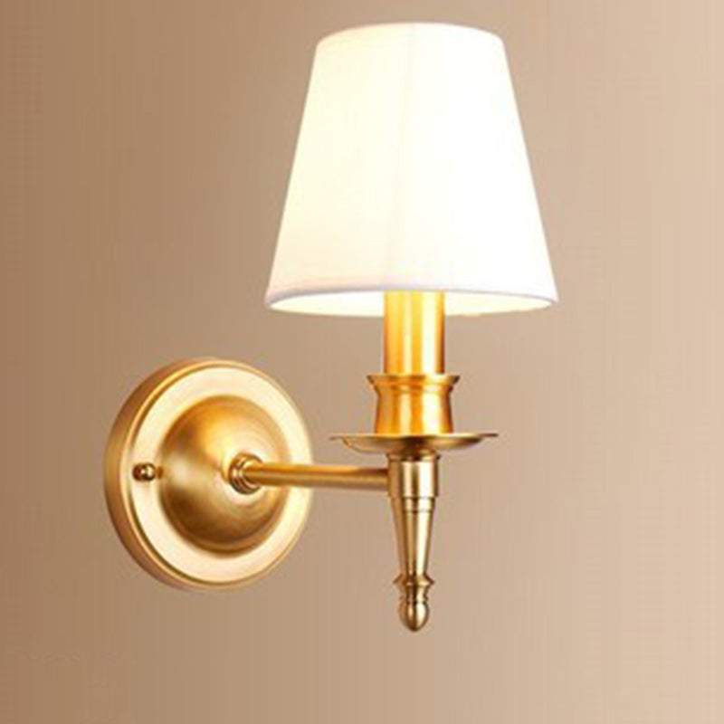 French Brass & Fabric Round Shade 1-Light Wall Sconce Lamp