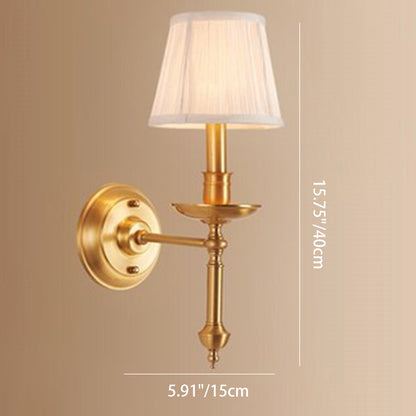 French Brass & Fabric Round Shade 1-Light Wall Sconce Lamp