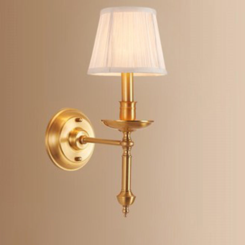 French Brass & Fabric Round Shade 1-Light Wall Sconce Lamp