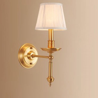 French Brass & Fabric Round Shade 1-Light Wall Sconce Lamp