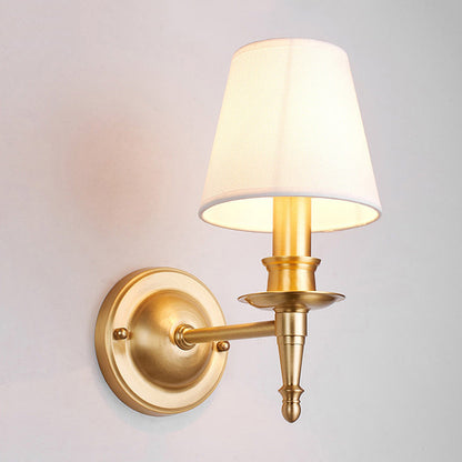 French Brass & Fabric Round Shade 1-Light Wall Sconce Lamp