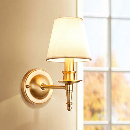 French Brass & Fabric Round Shade 1-Light Wall Sconce Lamp