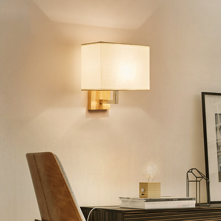 Iron Wood Fabric Rectangular 1-Light Wall Sconce Lamp