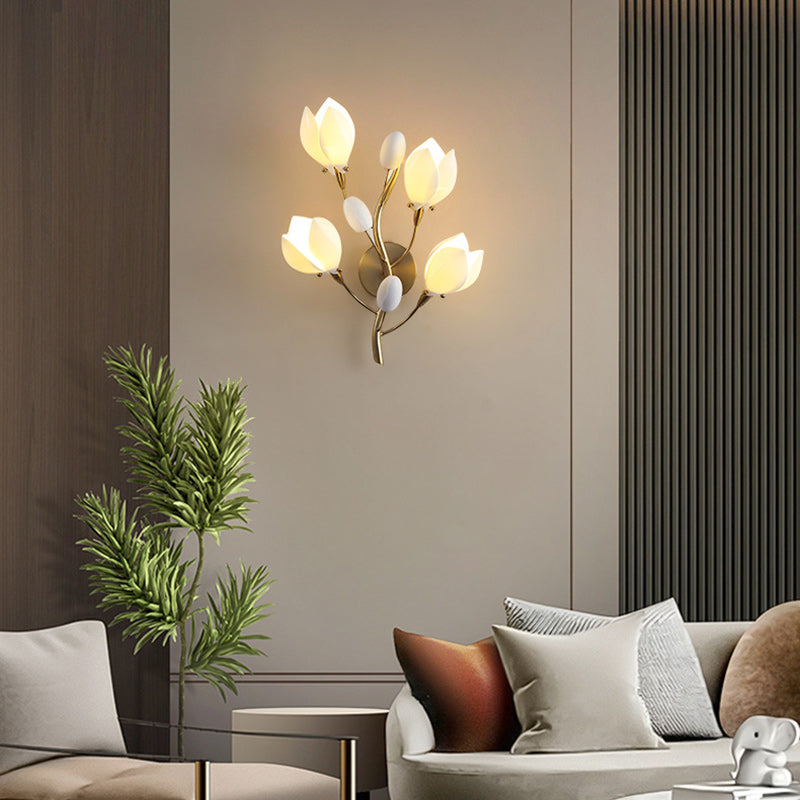 Iron & Ceramic Magnolia-Shaped 4-Light Wall Sconce Lamp