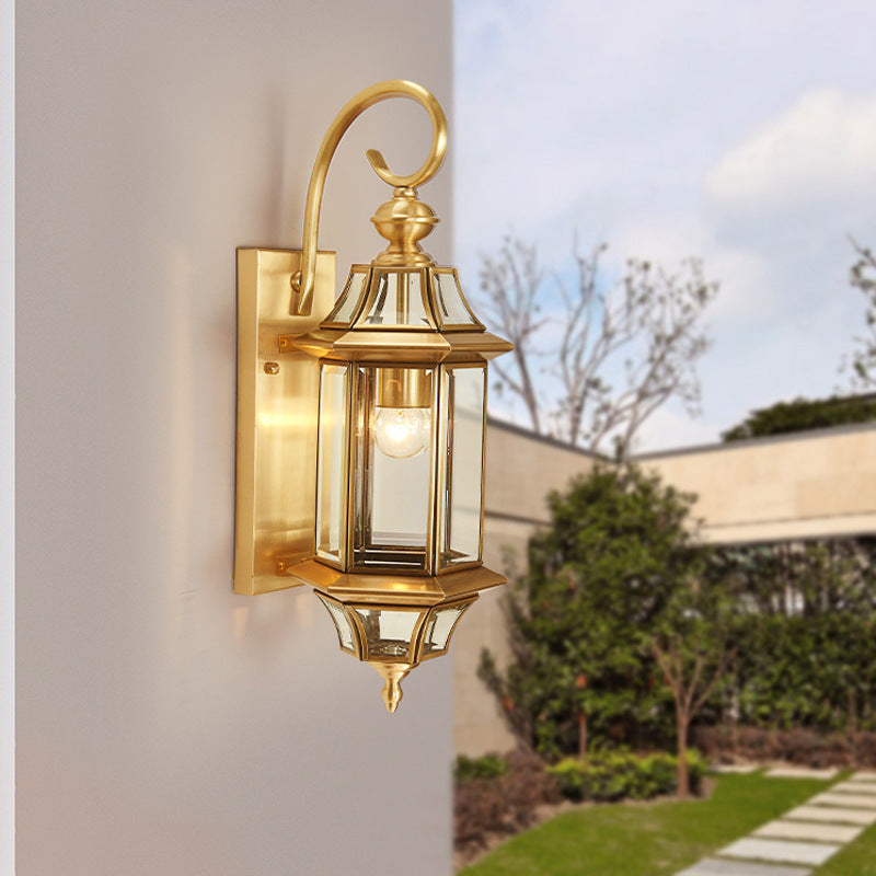 Brass Glass Polygonal 1-Light Waterproof Wall Sconce Lamp
