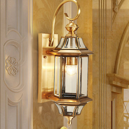 Brass Glass Polygonal 1-Light Waterproof Wall Sconce Lamp