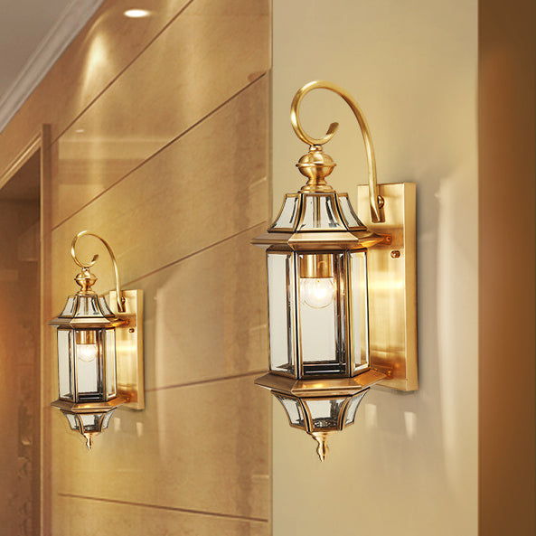 Brass Glass Polygonal 1-Light Waterproof Wall Sconce Lamp