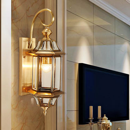 Brass Glass Polygonal 1-Light Waterproof Wall Sconce Lamp