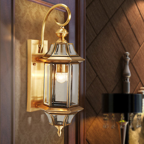 Brass Glass Polygonal 1-Light Waterproof Wall Sconce Lamp