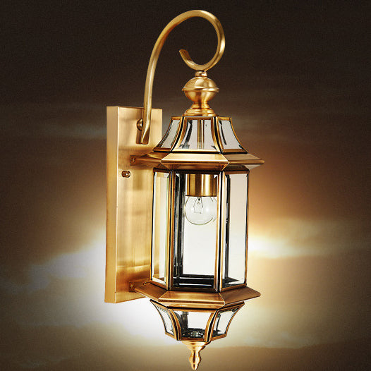 Brass Glass Polygonal 1-Light Waterproof Wall Sconce Lamp