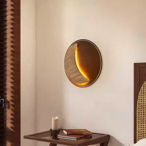 Japanese & Wood Moon-Shaped Round LED Wall Sconce Lamp