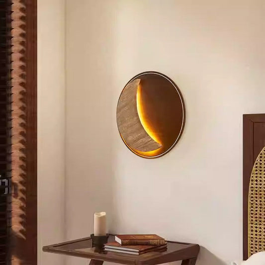 Japanese & Wood Moon-Shaped Round LED Wall Sconce Lamp
