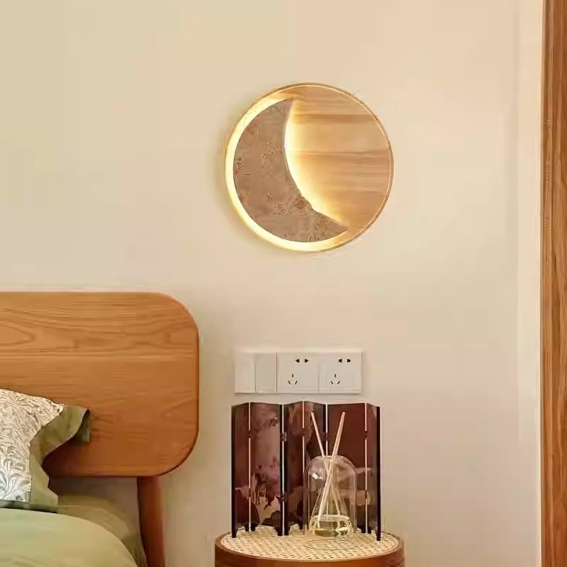 Japanese & Wood Moon-Shaped Round LED Wall Sconce Lamp
