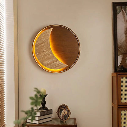 Japanese & Wood Moon-Shaped Round LED Wall Sconce Lamp