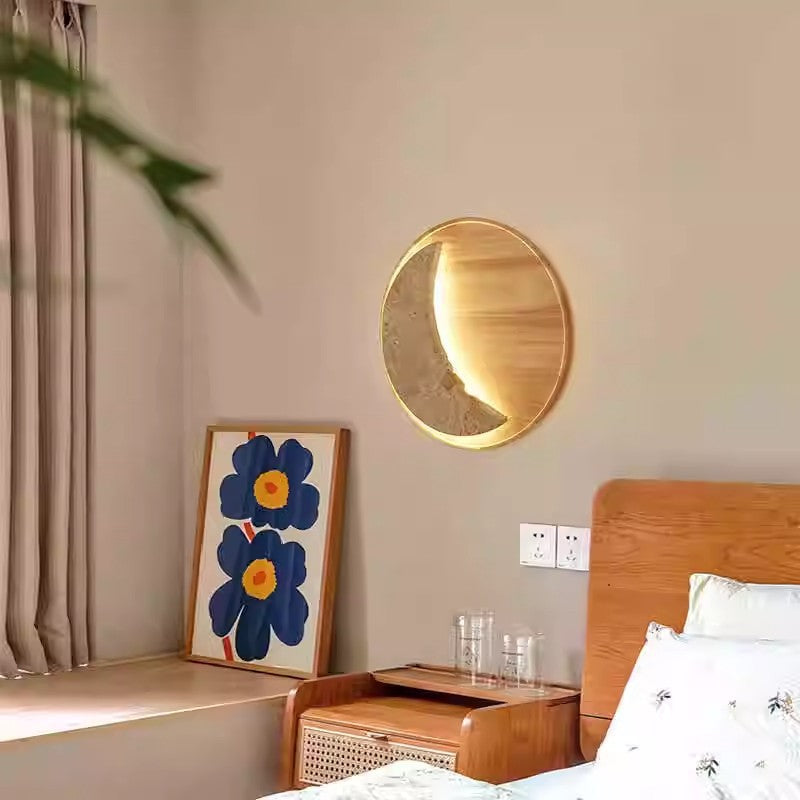 Japanese & Wood Moon-Shaped Round LED Wall Sconce Lamp