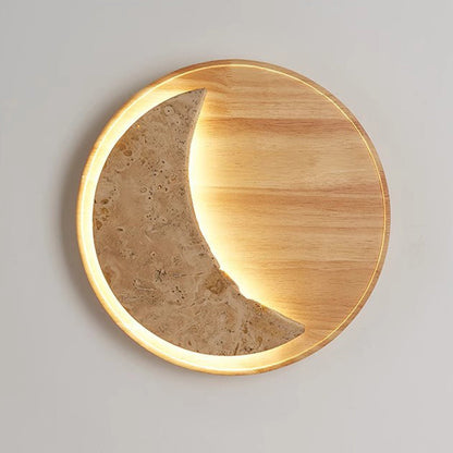 Japanese & Wood Moon-Shaped Round LED Wall Sconce Lamp