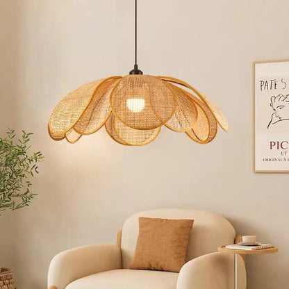 Traditional Japanese Rattan Petal 1-Light Pendant Light With Adjustable Cord For Dining Room, Bedroom & Living Room
