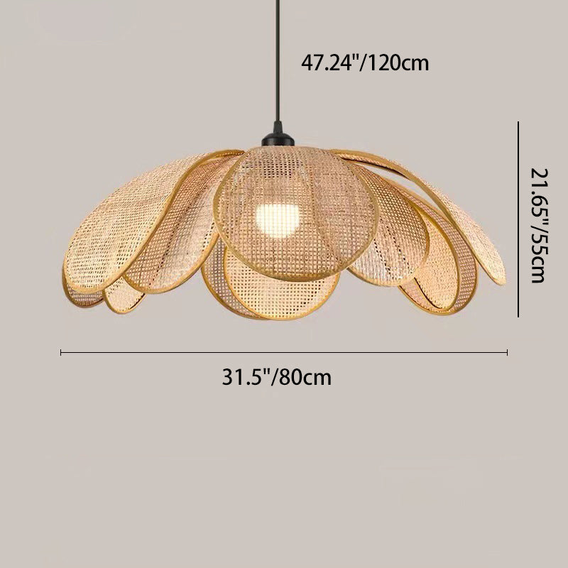 Traditional Japanese Rattan Petal 1-Light Pendant Light With Adjustable Cord For Dining Room, Bedroom & Living Room