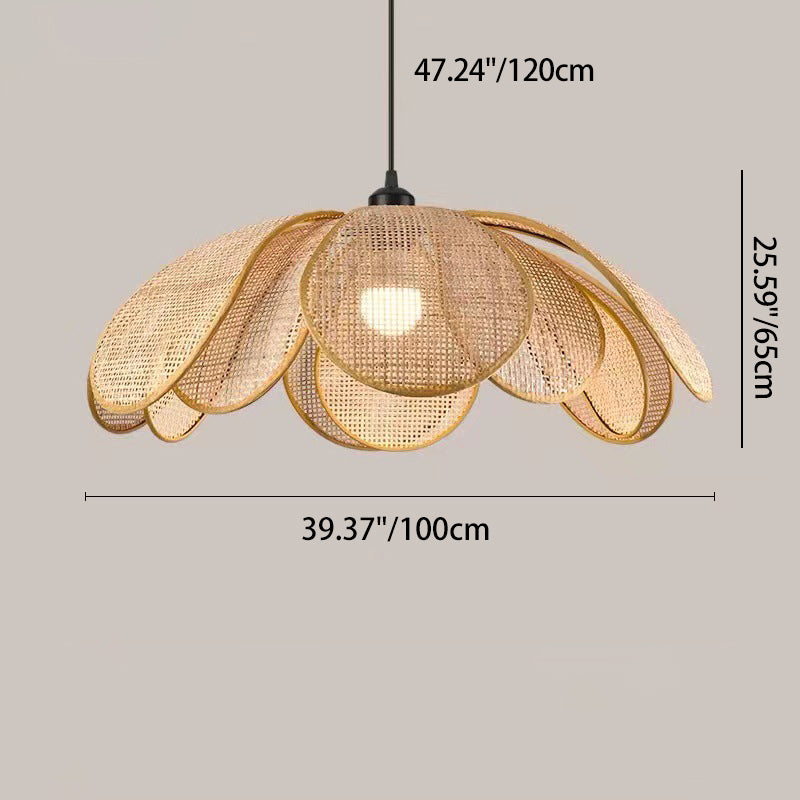 Traditional Japanese Rattan Petal 1-Light Pendant Light With Adjustable Cord For Dining Room, Bedroom & Living Room