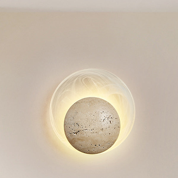 Traditional Japanese Stone Glass Round LED Wall Sconce Lamp