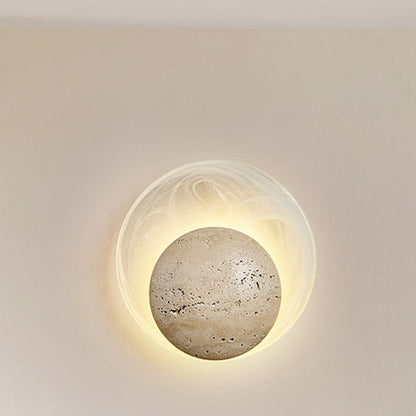 Traditional Japanese Stone Glass Round LED Wall Sconce Lamp
